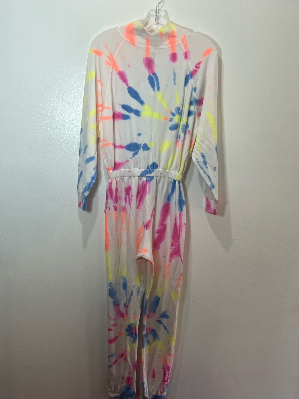 Tie-Dye Hooded Jumpsuit in White with Neon Accents - Picture 4 of 7